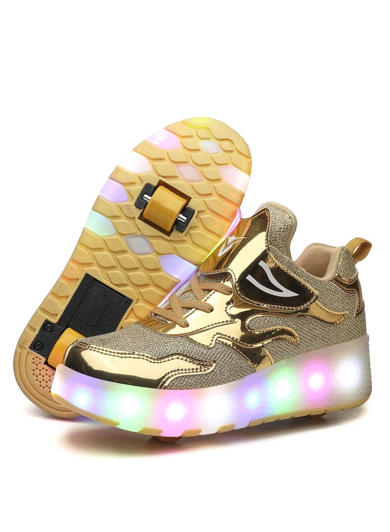 Loquat Rage Shoes For Boys And Girls Single And Double Wheel LED Flashing Lights Automatic Invisible Roller Skates Gold  - Image 1