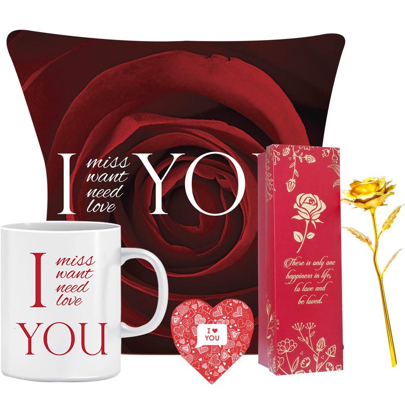Next Bazaar Next Bazaar Valentines Day I Miss You Quote Cushion Cover with FillerRed 12 x 12 Mug 330 ml and 1 Artificial Rose Gift for GirlfriendBoyfriendWifeHusbandMenBirthday - Image 1