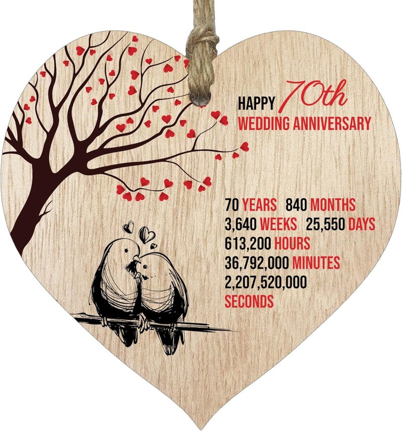 Stuff4 70th Wedding Anniversary Wooden Heart Plaque Light Wood Sign Keepsake Celebrate Platinum Anniversary Wife Husband Boyfriend Girlfriend Mom Dad Plaque with Quotes Gifts from the Kids - Image 1