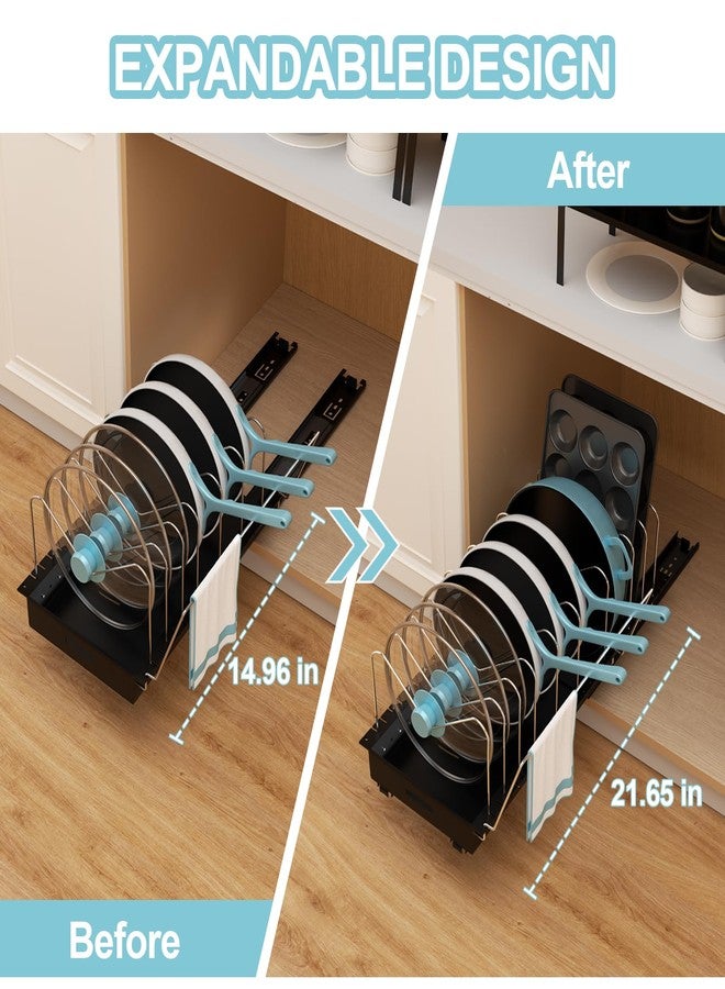 Golener Pots and Pans Organizer Under Cabinet - 22" Deep Expandable Pot Organizers inside Cabinet with 10 Adjustable Dividers &Handrail, No Drill Pot Lid Holder, Sliding Pot Lid Holder, 1 Pack - Image 2