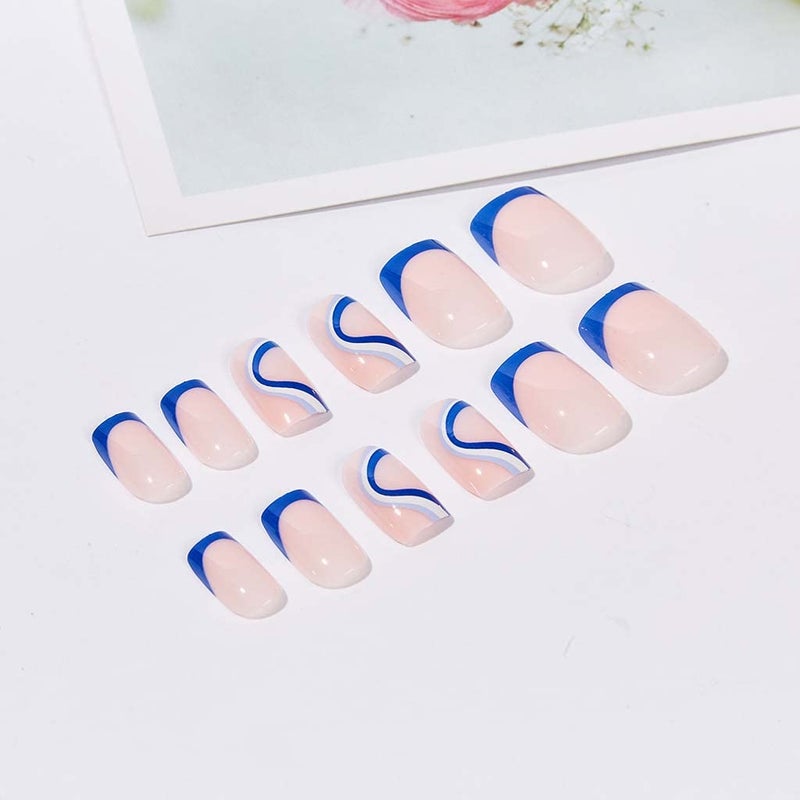 RikView Medium Length Press on Nails with Swirls Design Blue Nails Square Fake Nails for Women and Girls - Image 2