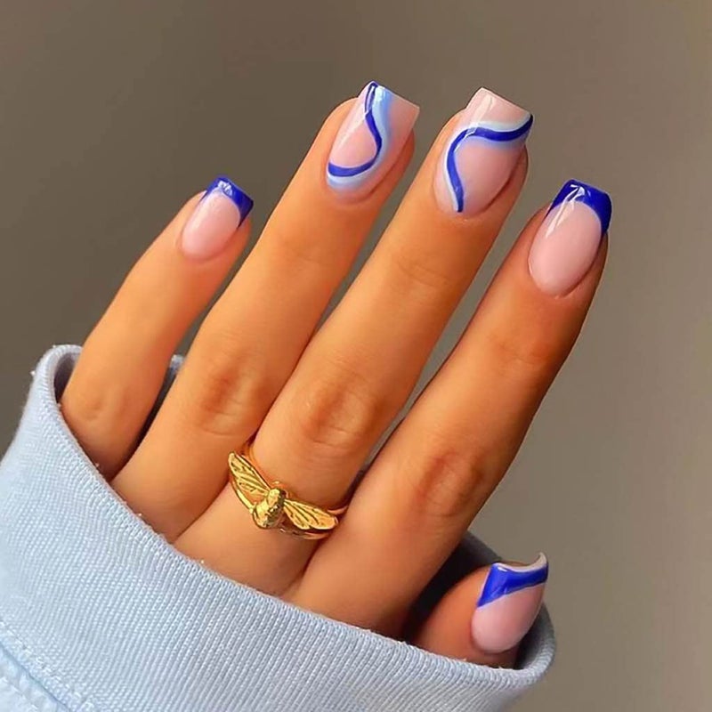 RikView Medium Length Press on Nails with Swirls Design Blue Nails Square Fake Nails for Women and Girls - Image 1