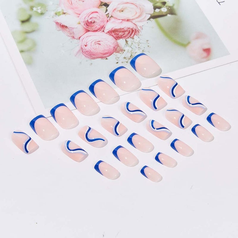RikView Medium Length Press on Nails with Swirls Design Blue Nails Square Fake Nails for Women and Girls - Image 3