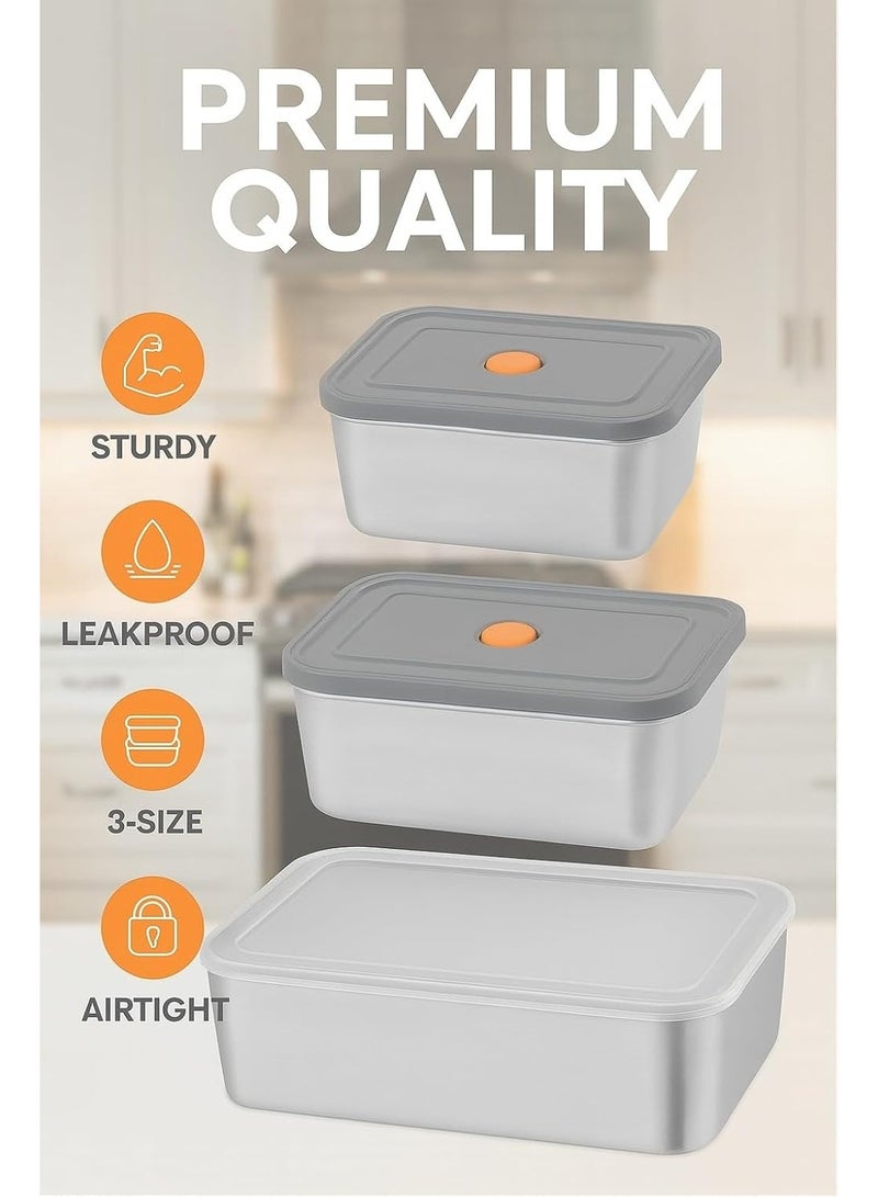 3-Piece Stainless Steel Food Storage Container Set with Airtight Lids – Multi-Size Leak-Proof Meal Prep Boxes (600ml, 600ml, 1700ml), Freezer & Fridge Safe, Stackable Easy-Clean Food Preservation Containers for Daily Use, Work & Travel - Image 2