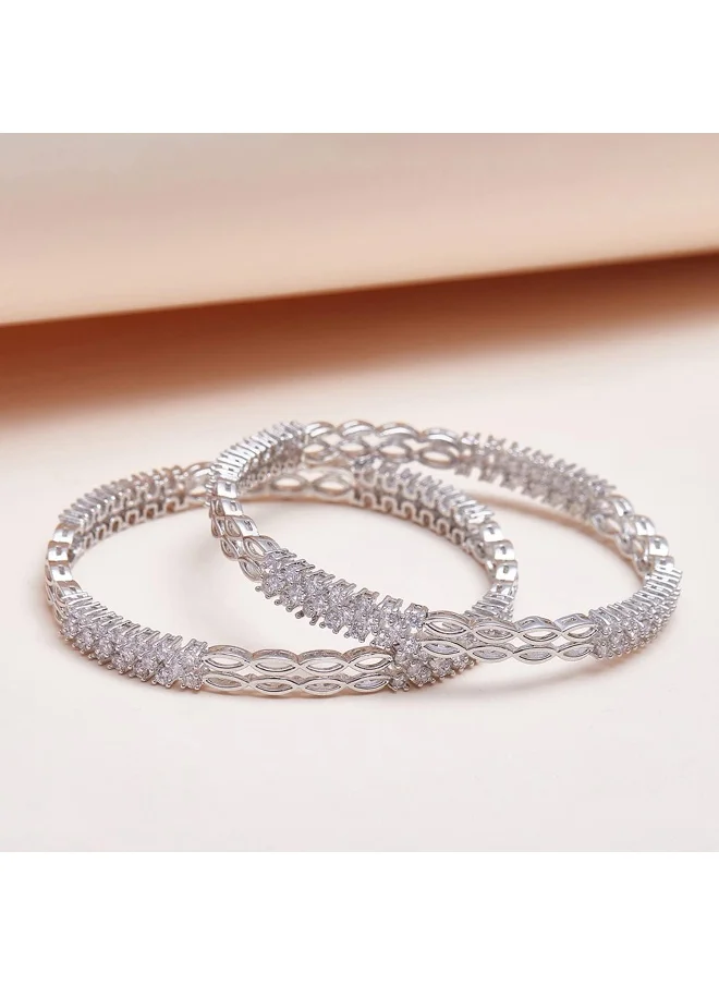 VOYLLA Round Cut CZ Adorned Silver Plated Cutwork Pattern Brass Slip-on Bracelet