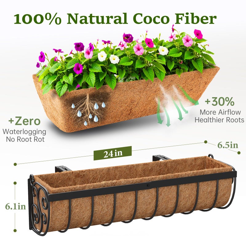 VOXOR Railing Planter Boxes, 24 Inch Window Boxes Planters, Balcony Planters with Adjustable Brackets & Coco Liner & Support Rod for Outdoor Fence, Deck, Porch, and Patio Gardening, 2 Pack - Image 2