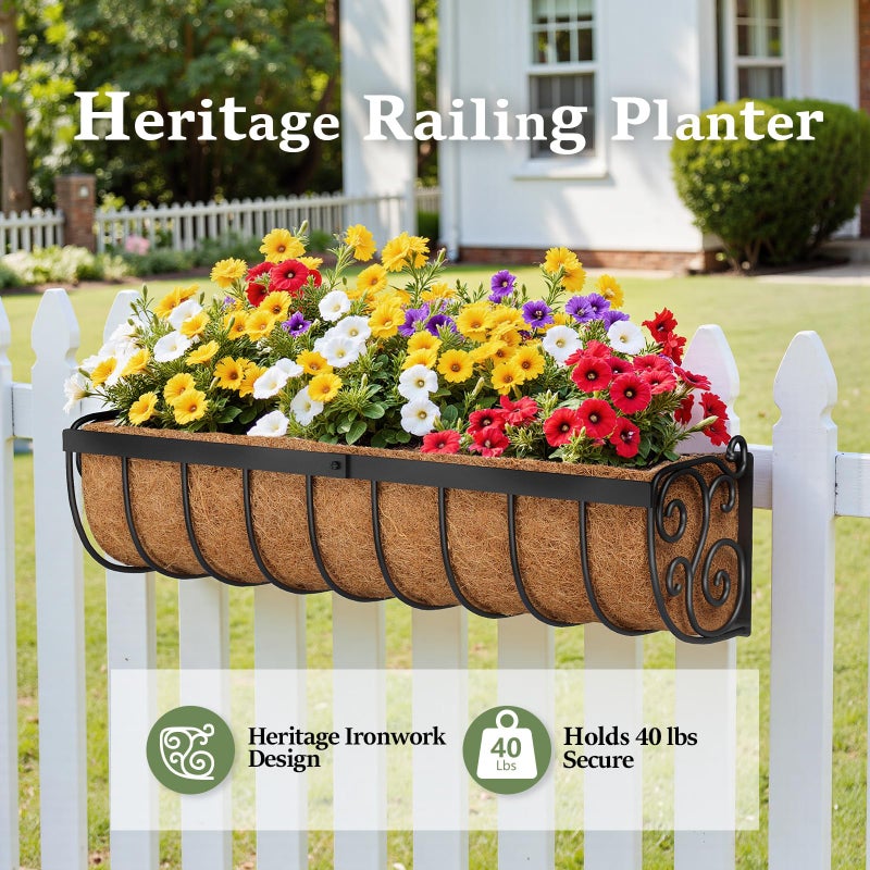 VOXOR Railing Planter Boxes, 24 Inch Window Boxes Planters, Balcony Planters with Adjustable Brackets & Coco Liner & Support Rod for Outdoor Fence, Deck, Porch, and Patio Gardening, 2 Pack - Image 3