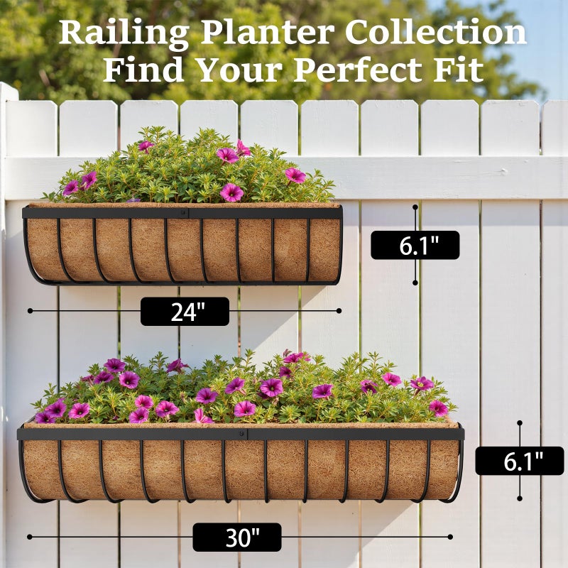 VOXOR Railing Planter Boxes, 24 Inch Window Boxes Planters, Balcony Planters with Adjustable Brackets & Coco Liner & Support Rod for Outdoor Fence, Deck, Porch, and Patio Gardening, 2 Pack - Image 5