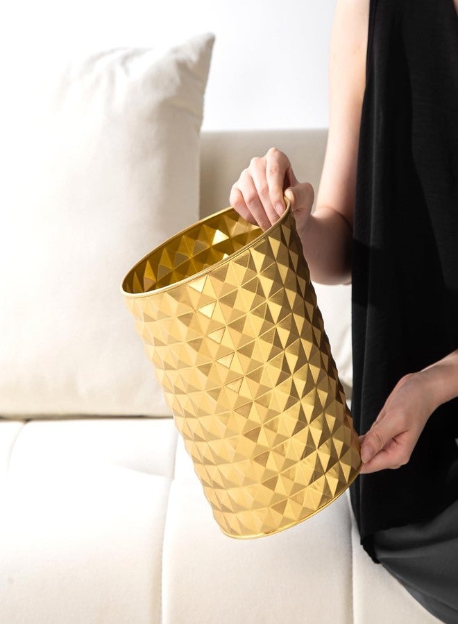 Venalys Small Round Metal Trash Can Wastebasket, Decorative Diamond Pattern Garbage Can Waste Paper Bin, Modern Farmhouse Round Trash Bin for Bathroom, Bedroom, Kitchen and Office (Gold) - Image 3