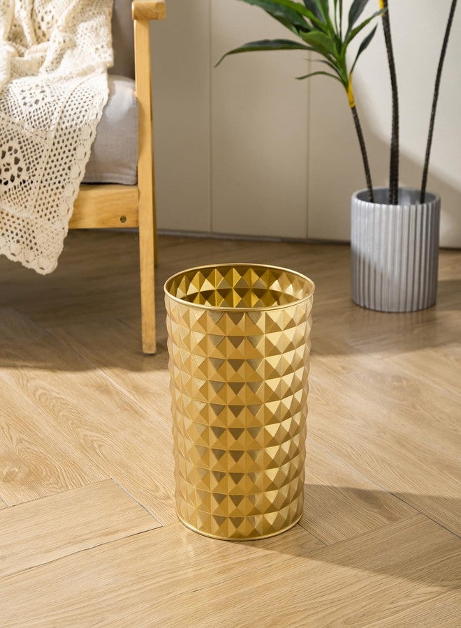 Venalys Small Round Metal Trash Can Wastebasket, Decorative Diamond Pattern Garbage Can Waste Paper Bin, Modern Farmhouse Round Trash Bin for Bathroom, Bedroom, Kitchen and Office (Gold) - Image 2