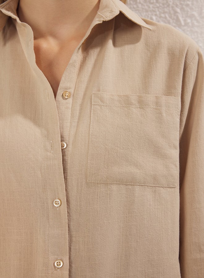 trendyol Mink Cotton Blended Linen Look Oversize Wide Fit Woven Shirt - Image 3