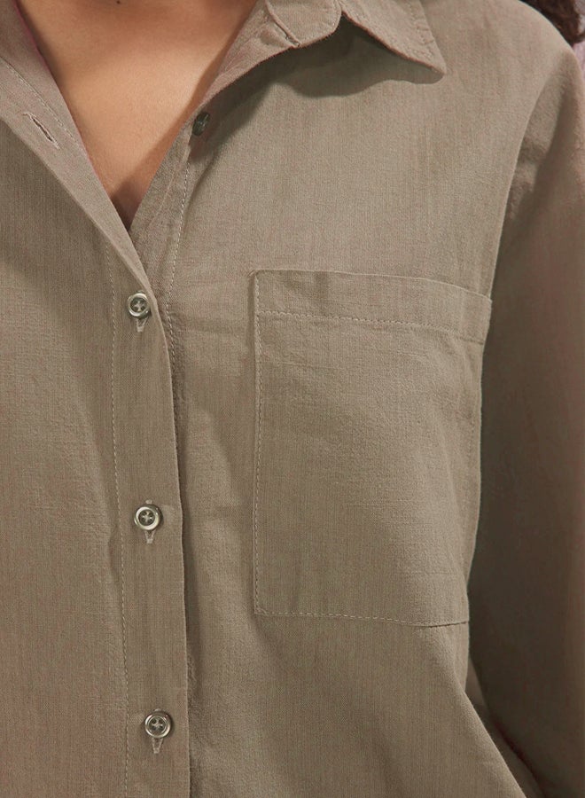 trendyol Mink Cotton Blended Linen Look Oversize Wide Fit Woven Shirt - Image 5