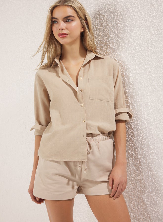 trendyol Mink Cotton Blended Linen Look Oversize Wide Fit Woven Shirt - Image 2