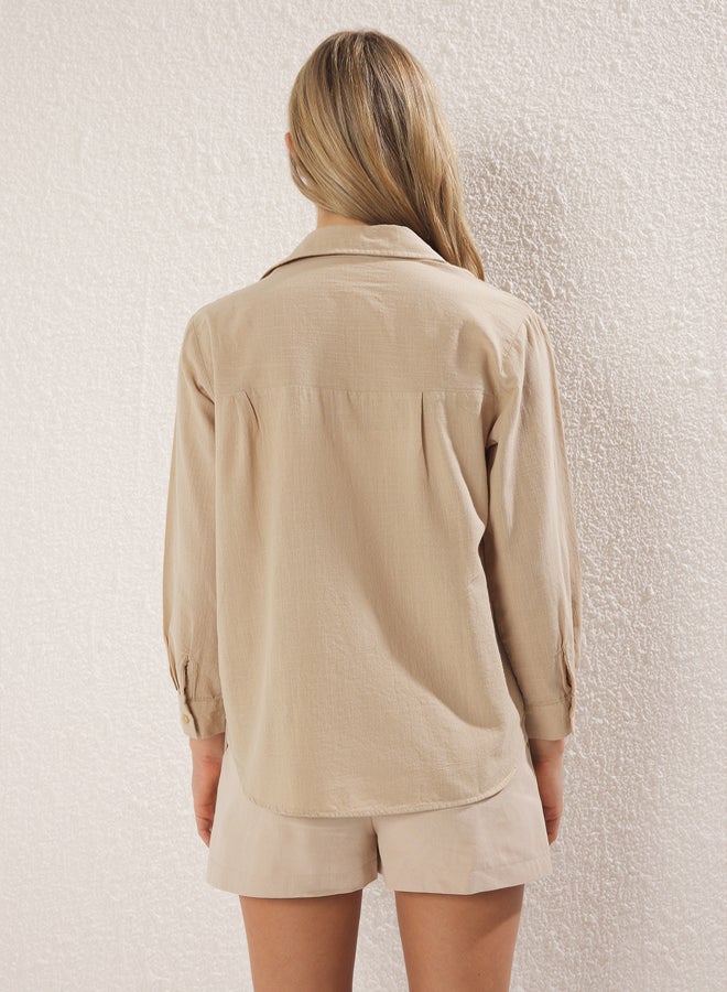 trendyol Mink Cotton Blended Linen Look Oversize Wide Fit Woven Shirt - Image 4