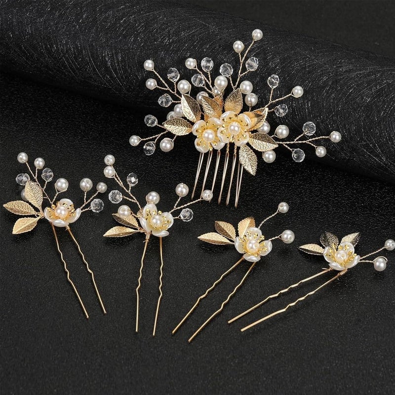 M'AYCREATE ® 5Pcs Wedding Hair Pins Bridal Hair Accessories, Golden Pearl Floral Hair Comb Pins, Luxury Golden Alloy Bun and Braid Hair Charm Pins - Image 4