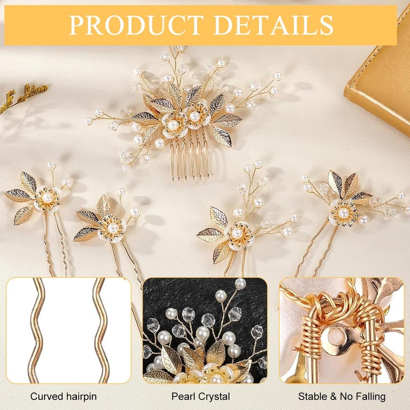 M'AYCREATE ® 5Pcs Wedding Hair Pins Bridal Hair Accessories, Golden Pearl Floral Hair Comb Pins, Luxury Golden Alloy Bun and Braid Hair Charm Pins - Image 3