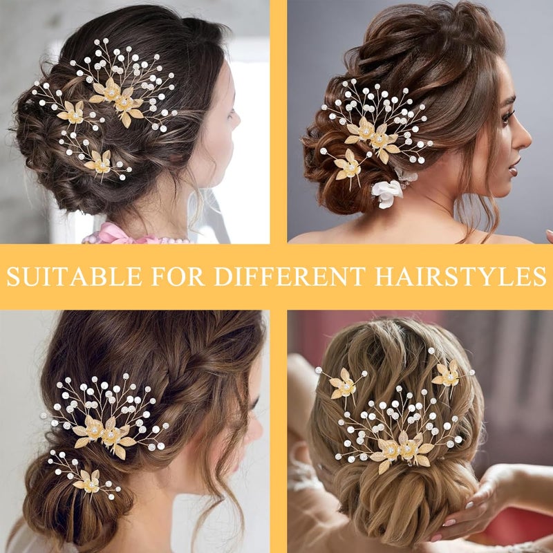 M'AYCREATE ® 5Pcs Wedding Hair Pins Bridal Hair Accessories, Golden Pearl Floral Hair Comb Pins, Luxury Golden Alloy Bun and Braid Hair Charm Pins - Image 5