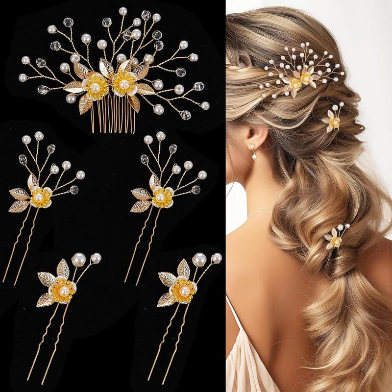 M'AYCREATE ® 5Pcs Wedding Hair Pins Bridal Hair Accessories, Golden Pearl Floral Hair Comb Pins, Luxury Golden Alloy Bun and Braid Hair Charm Pins - Image 1