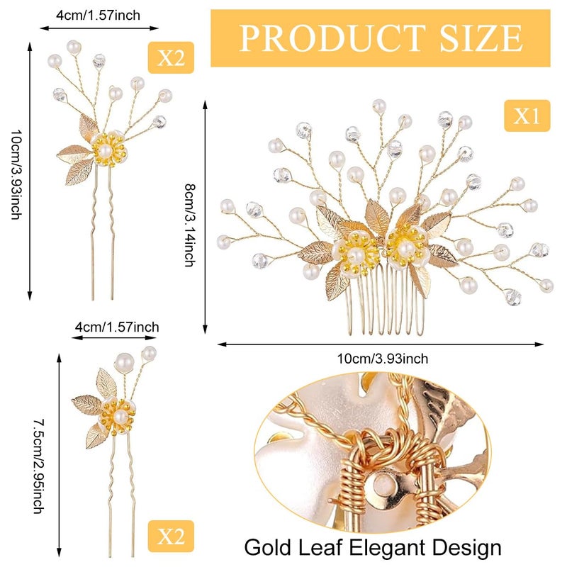 M'AYCREATE ® 5Pcs Wedding Hair Pins Bridal Hair Accessories, Golden Pearl Floral Hair Comb Pins, Luxury Golden Alloy Bun and Braid Hair Charm Pins - Image 2