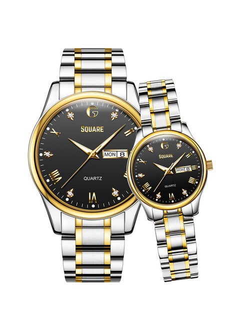 Analog Quartz Black Dial Stainless Steel Couple Set Watch - 5563