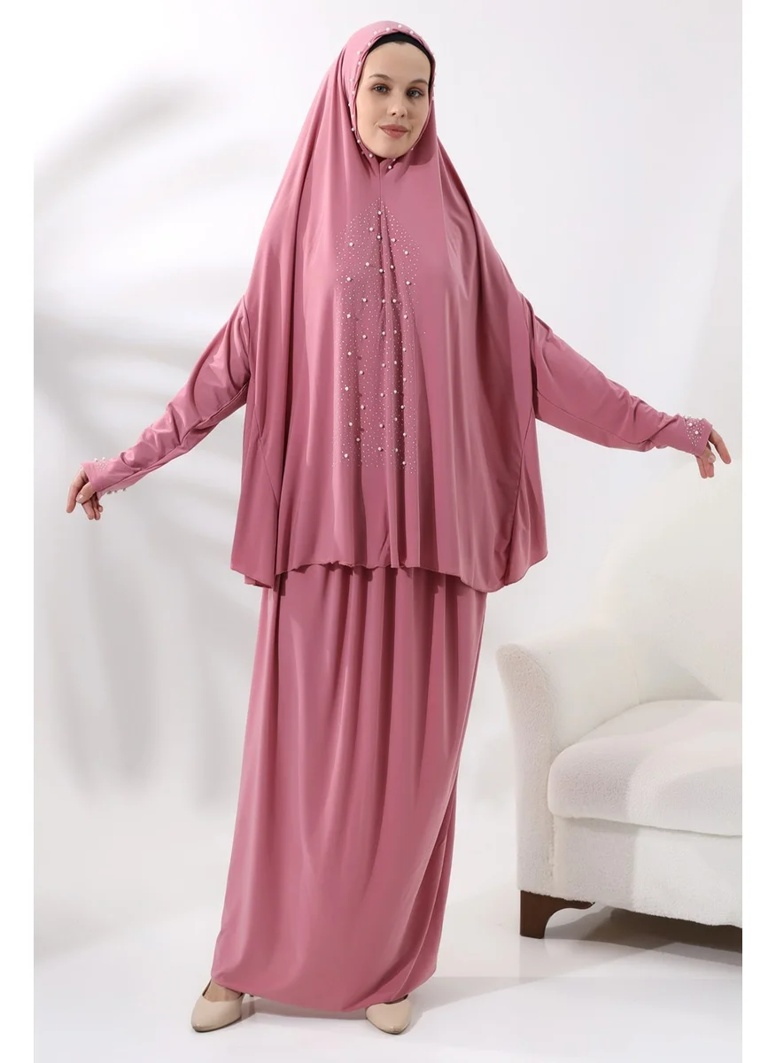 İhvan Ihvan Two Piece Prayer Dress with Pearls and Stones, Top and Bottom Practical Dress 8017 Pink