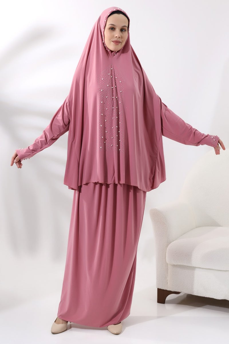İhvan Ihvan Two Piece Prayer Dress with Pearls and Stones, Top and Bottom Practical Dress 8017 Pink  - Image 1