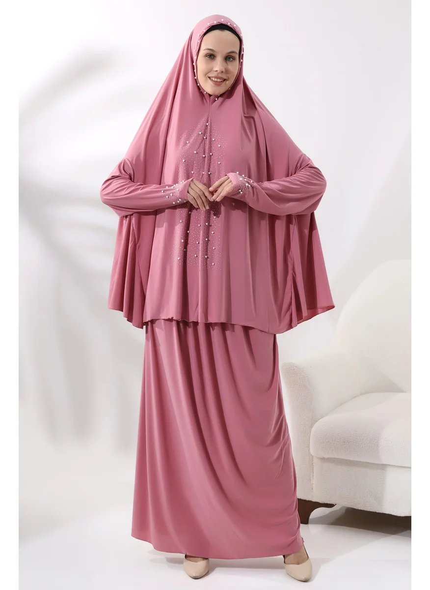 İhvan Ihvan Two Piece Prayer Dress with Pearls and Stones, Top and Bottom Practical Dress 8017 Pink