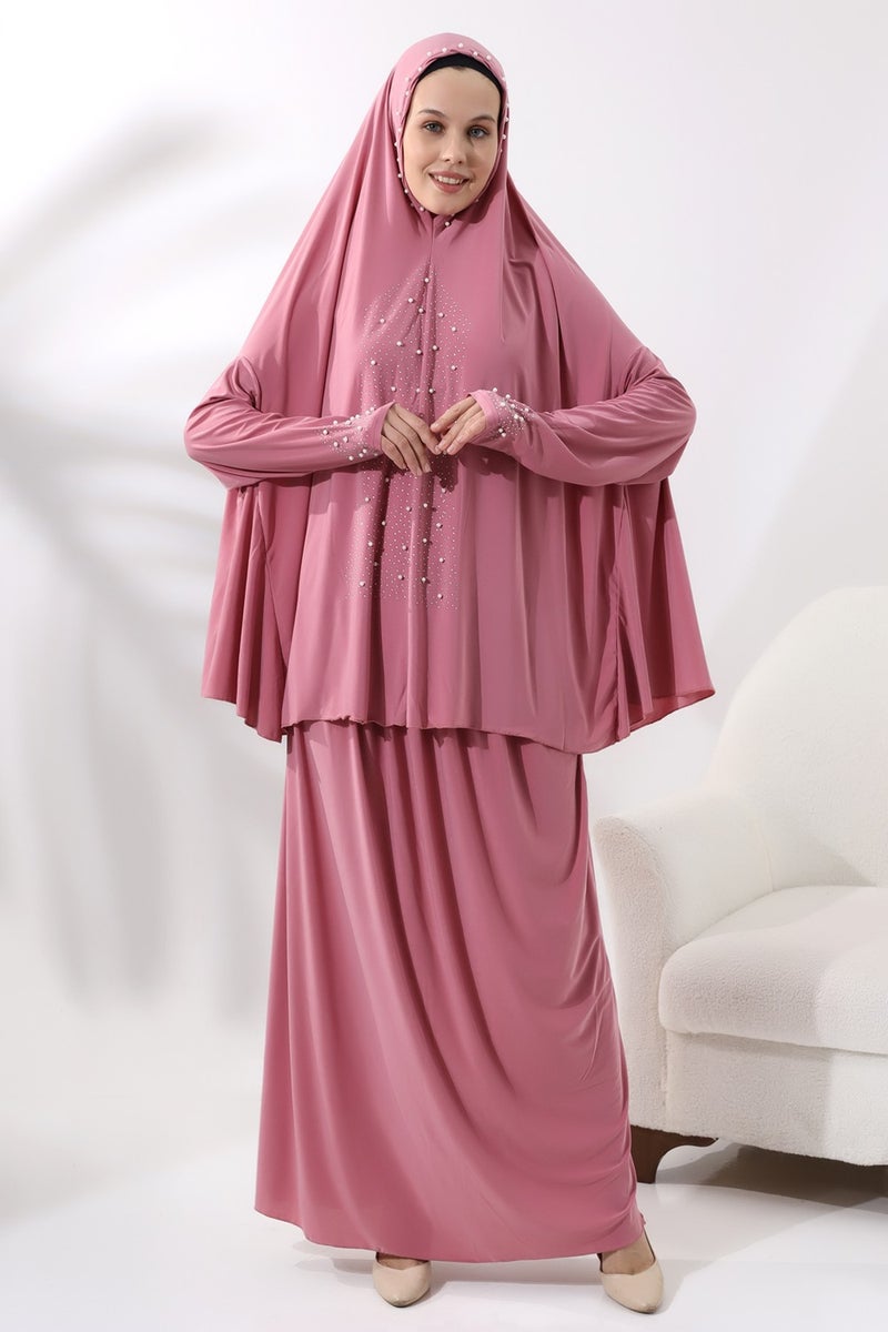 İhvan Ihvan Two Piece Prayer Dress with Pearls and Stones, Top and Bottom Practical Dress 8017 Pink  - Image 2