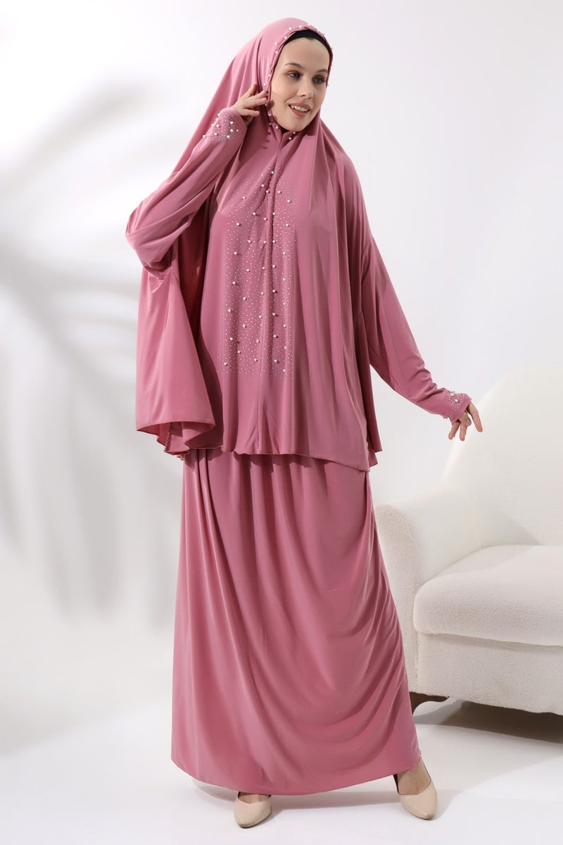İhvan Ihvan Two Piece Prayer Dress with Pearls and Stones, Top and Bottom Practical Dress 8017 Pink  - Image 3