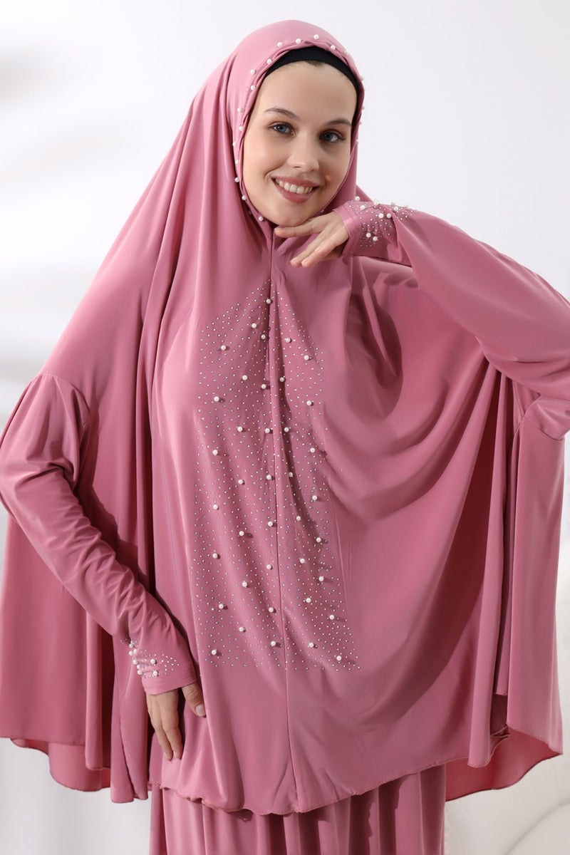 İhvan Ihvan Two Piece Prayer Dress with Pearls and Stones, Top and Bottom Practical Dress 8017 Pink  - Image 4