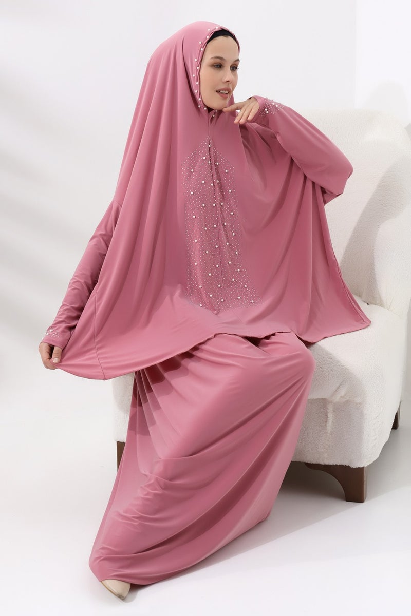 İhvan Ihvan Two Piece Prayer Dress with Pearls and Stones, Top and Bottom Practical Dress 8017 Pink  - Image 5