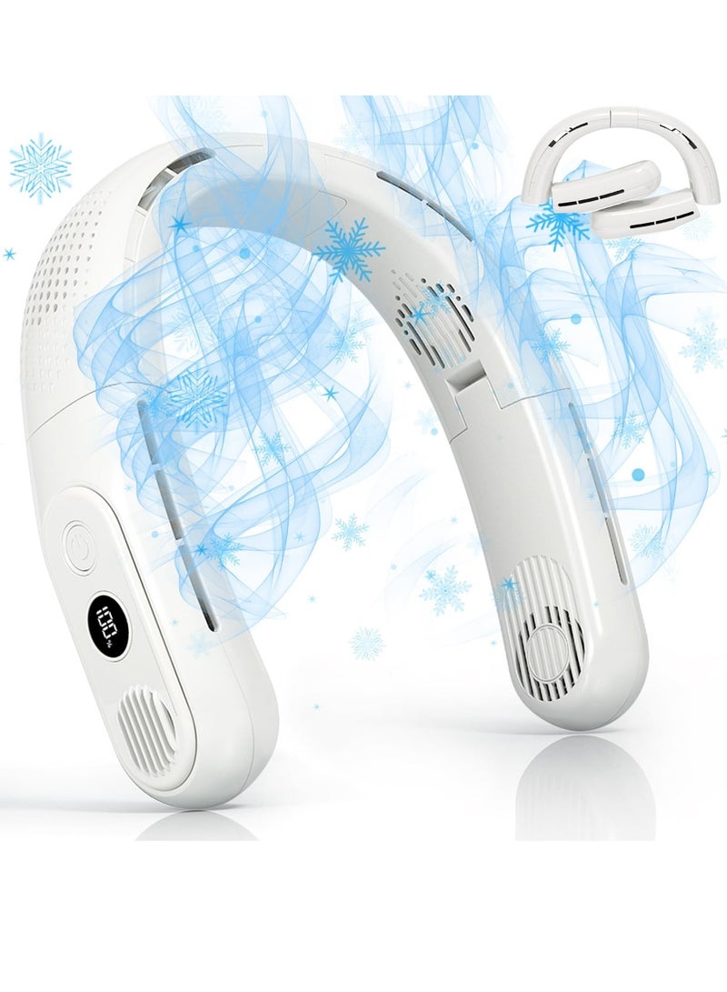 general Rechargeable 4 Turbo 6000mAh Portable Neck Fan - 360 Cooling Airflow, 3 Speeds, LED Battery Display, Foldable, Bladeless - Personal Fan for Work, Travel, Outdoor Activities - White - Image 1
