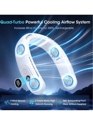 قابلة لإعادة الشحن 4 Turbo 6000mAh مروحة رقبة محمولة - 360 تدفق الهواء التبريد ، 3 سرعات ، عرض بطارية LED ، قابلة للطي ، عديمة النزف - مروحة شخصية للعمل ، السفر ، الأنشطة الخارجية - أبيض - view 2