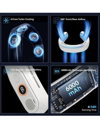 قابلة لإعادة الشحن 4 Turbo 6000mAh مروحة رقبة محمولة - 360 تدفق الهواء التبريد ، 3 سرعات ، عرض بطارية LED ، قابلة للطي ، عديمة النزف - مروحة شخصية للعمل ، السفر ، الأنشطة الخارجية - أبيض - view 3