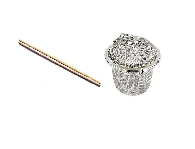 MFH Stainless Steel Spice Tea Filter Herbs Locking Infuser Mesh Ball and Wood Chopsticks Reusable Simple Luxury Natural Chinese Pack of 2 Combo  - Image 1