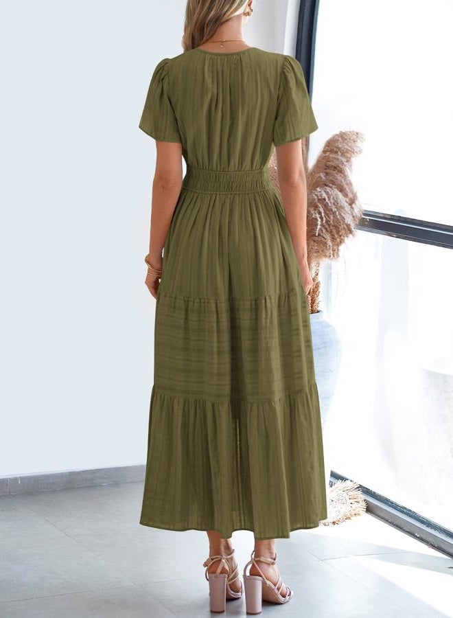 BTFBM Womens Summer 2025 Casual Midi Maxi Dresses Lightweight Short Sleeve V Neck Elastic Waist Boho Beach Dress Pockets, Army Green, XXL - Image 3