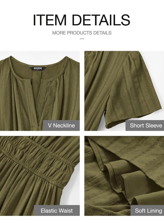BTFBM Womens Summer 2025 Casual Midi Maxi Dresses Lightweight Short Sleeve V Neck Elastic Waist Boho Beach Dress Pockets, Army Green, XXL - Image 4