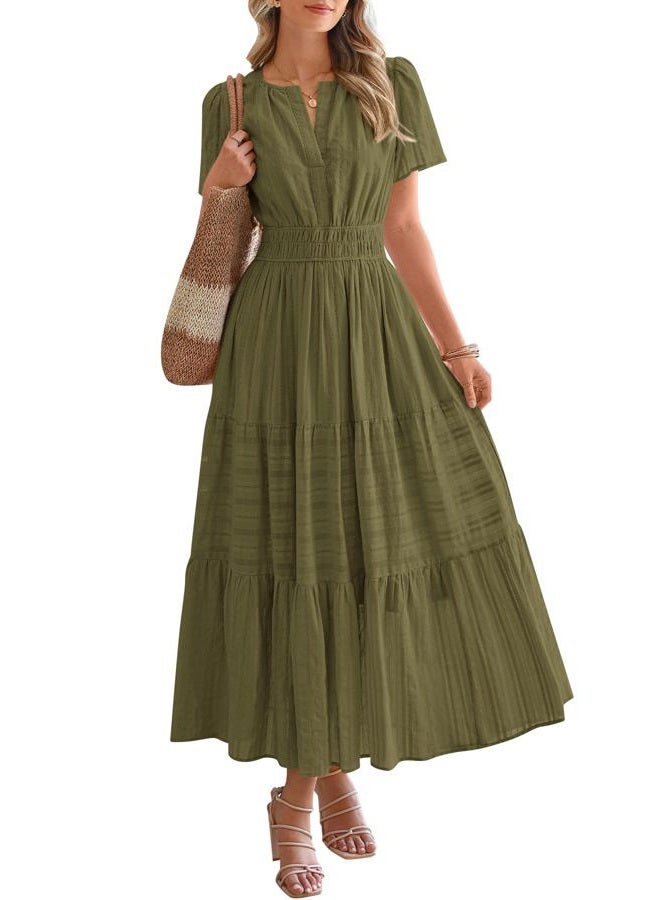 BTFBM Womens Summer 2025 Casual Midi Maxi Dresses Lightweight Short Sleeve V Neck Elastic Waist Boho Beach Dress Pockets, Army Green, XXL - Image 1