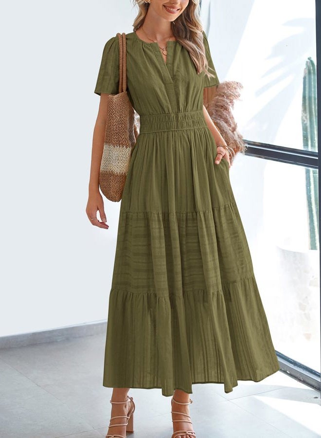 BTFBM Womens Summer 2025 Casual Midi Maxi Dresses Lightweight Short Sleeve V Neck Elastic Waist Boho Beach Dress Pockets, Army Green, XXL - Image 2