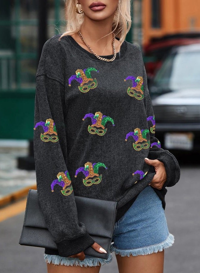 SELINK Women's Casual Sweatshirts Sequin Graphic Print Crew Neck Corded Sweatshirt Pullover Tops Black Mardi Gras-M - Image 2