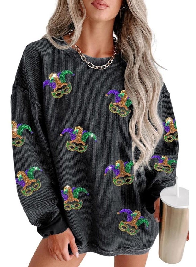 SELINK Women's Casual Sweatshirts Sequin Graphic Print Crew Neck Corded Sweatshirt Pullover Tops Black Mardi Gras-M - Image 1