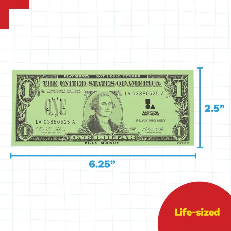LEARNING ADVANTAGE One Dollar Play Bills | Set of 100 | Sized Like Real Cash | Play Money for Teaching Currency and counting - Image 3