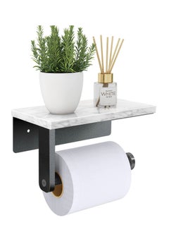 MIXDE Marble Toilet Paper Holder with Shelf, 304 Stainless Steel Screw Wall Mounted, Tissue Roll Holder for Bathroom Washroom Matte Black  - Image 1