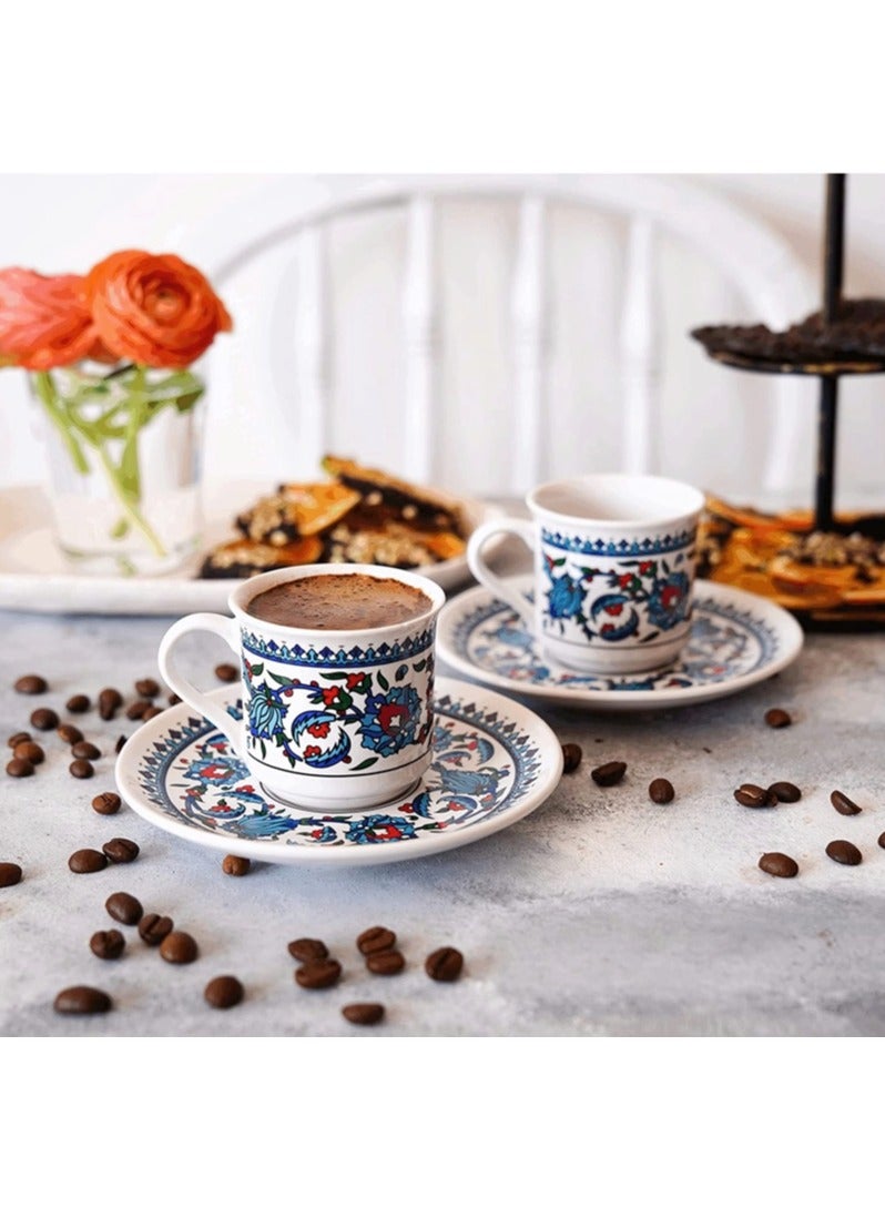 Ceramic Dishwasher-Safe Turkish Coffee Cups Set with Saucers for Sharing Happy Times wth Patterned (Set of 6)- 12 Pieces made in Turkey  - Image 2