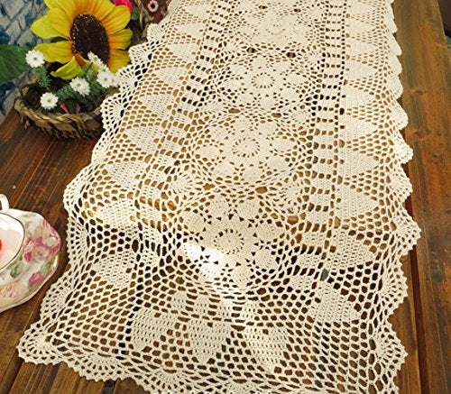 Damanni Rectangular Cotton Handmade Crochet Lace Table Runner Doilies Table Dresser Scarf Décor,16 Inch by 24 Inch，Beige - Image 3