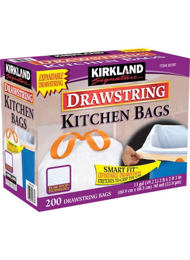 Kirkland Kirkland Signature 13 Gallon 200 Ct Carton 100% recyclable Heavy Duty Drawstring Kitchen Trash Bags Garbage Bag, White 
