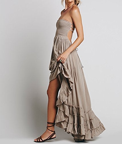 R.Vivimos Womens Summer Boho Sexy Backless Long Dresses (Large, Khaki) - Image 2