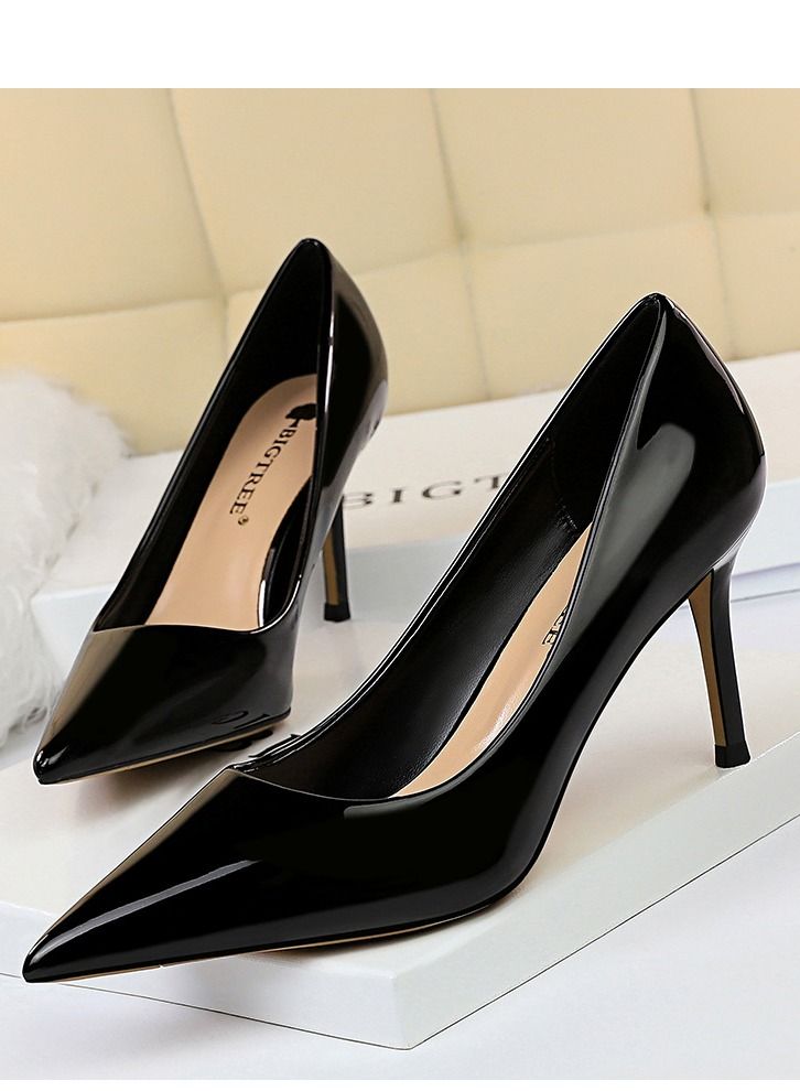 BIGTREE حذاء بكعب عالي مدبب ذو فم ضحل 8 سم أسود - Image 1