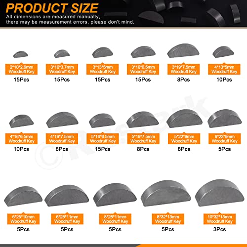 Rustark 155Pcs 17 Sizes Woodruff Key Stock Assortment Kit Half Moon Semicircle Bond Key Flywheel Key Metric Hardware for Mechanical Industry Use - Image 2