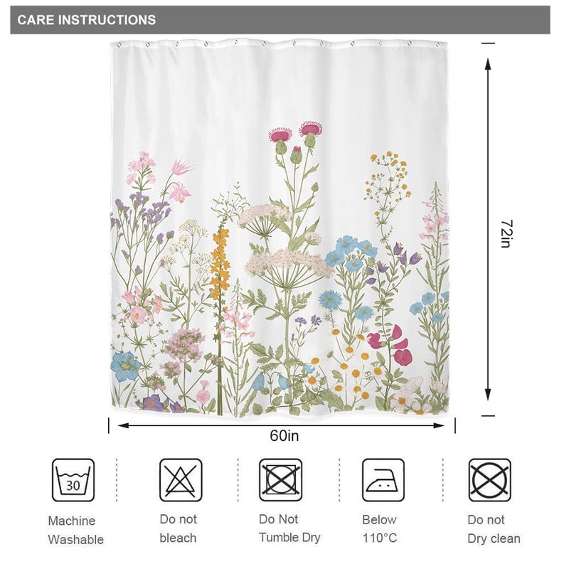 Riyidecor Wildflower Floral Shower Curtain for Bathroom Accessories 60Wx72H Inch Watercolor Flower Plant Botanical Herbs Spring Grass Colorful Blossoms Fabric Bathroom Decor Set 12 Pack Plastic Hooks - Image 4